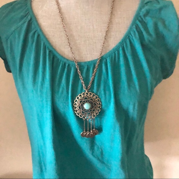 Antique gold boho necklace with faux turquoise - Picture 2 of 6